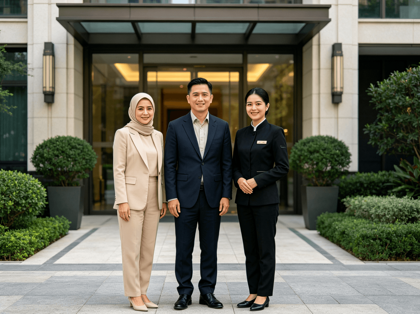 Resident service team at a modern community entrance